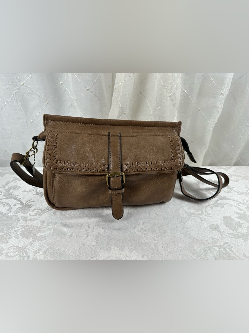 Classic Brown Braided-Trim Crossbody Bag